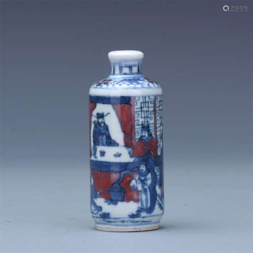 CHINESE PORCELAIN BLUE AND WHITE RED UNDER GLAZE FIGURES SNUFF BOTTLE