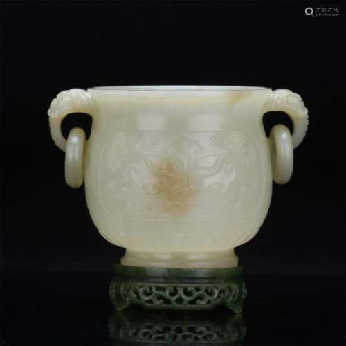 CHINESE WHITE JADE CARVED LOOPED HANDLE DRAGON CENSER