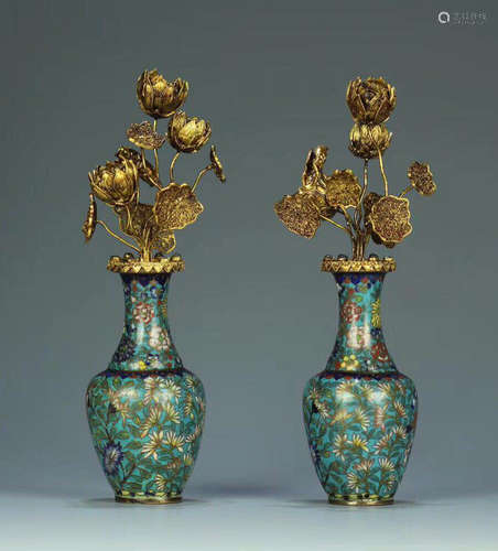 PAIR GILT SILVER CLOISONNE DECORATED VASES