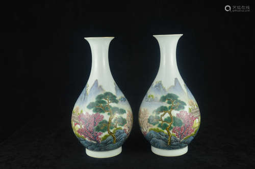 PAIR FAMILLE-ROSE LANDSCAPE PATTERN PEAR SHAPE VASES