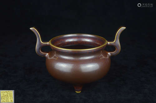 A ZIJIN GLAZE DOUBLE-EAR GILT CENSER