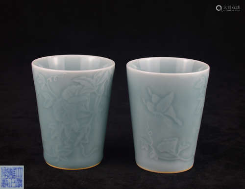 PAIR TIANQING CELADON FLORAL&BUTTERFLY PATTERN CUPS