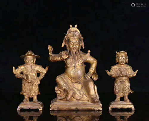 THREE GUANGONG FIGURE GILT BRONZE STATUES