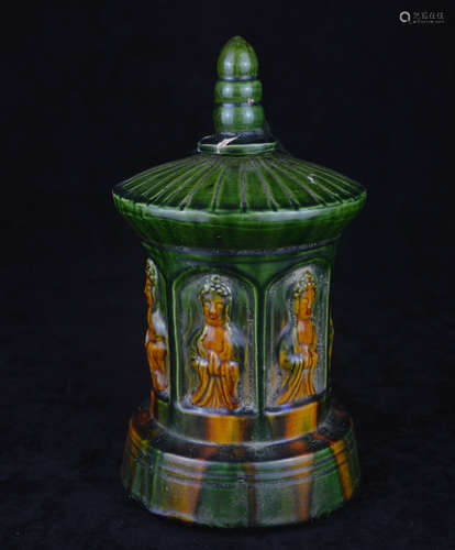 A YELLOW AND GREEN GLAZE BUDDHIST TOWER