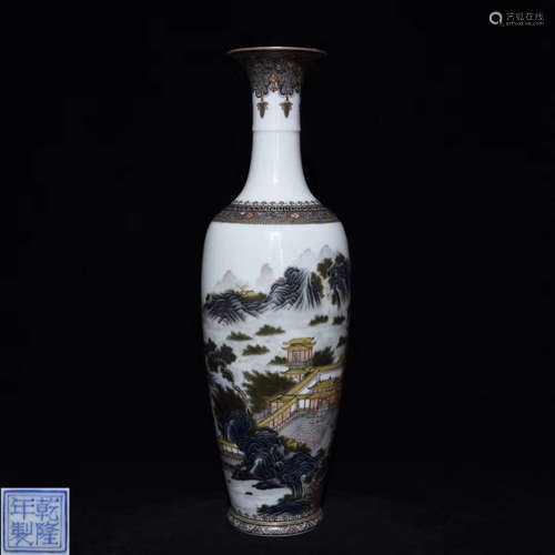 PAIR FAMILLE-ROSE VASES WITH QIANLONG MARK