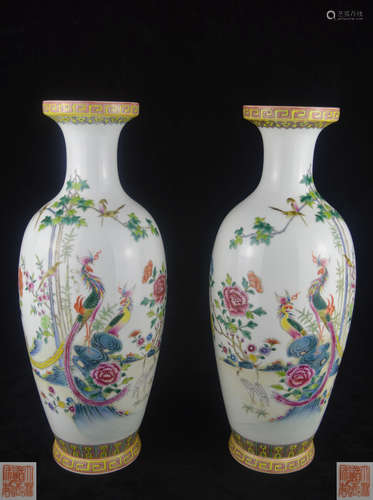 PAIR FAMILLE-ROSE BIRD&FLORAL PATTERN VASES