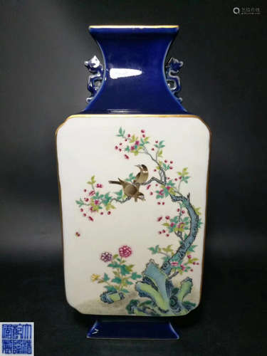 A BLUE GLAZE PANEL BIRD FLORAL PATTERN VASE