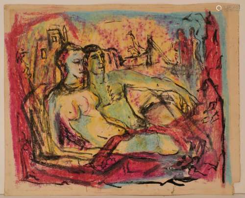 After Chagall, 2 Figures, ink/pastel