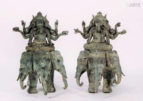 Large Antique Bronze Pair of Ganesha on Elephant