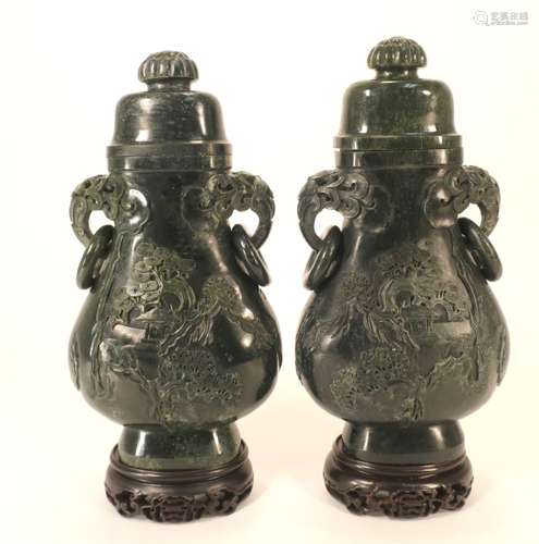 Pair of Chinese Spinach Jade Vases with Covers