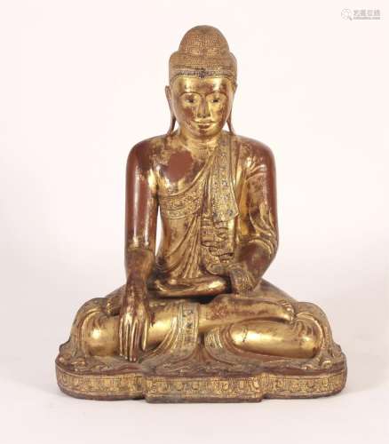 Large Mandalay Period Gilt Wooden Carved Buddha