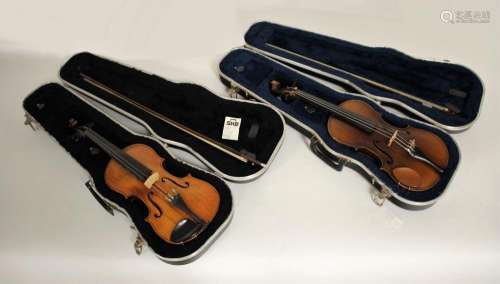 Two Violins Each With Bow and Fitted Case