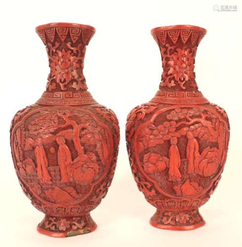 Pair Cinnabar Style Red Vases c. 1920