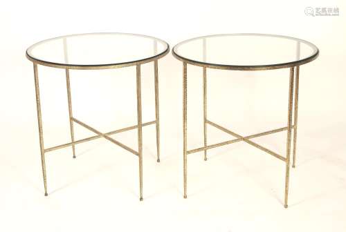 Pr. Custom Gilt Steel/Glass Lamp Tables