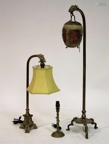 3 Chinese Brass Lamps: Dragon Headed c. 1920