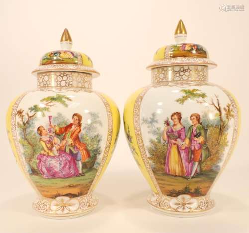 Pr. of Porcelain Dresden Urns with lids