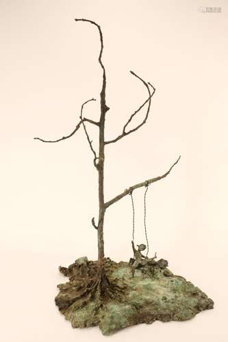 Bronze Organic Sculpture, Tree w Girl on Swing