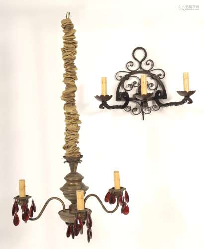 French Wrought Iron Sconce and Brass Chandelier