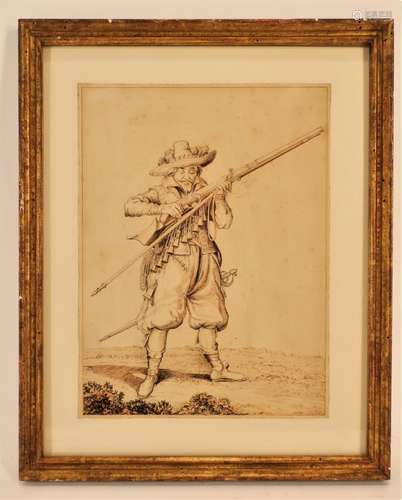 After Jacob de Gheyn II,Musketeer,ink/pencil paper