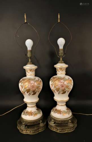 Pr. of Tall Victorian Floral Glass/Brass Lamps