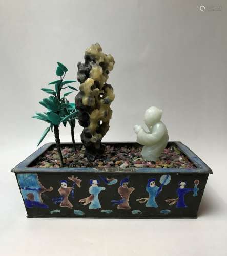 A Enamal Silver Planter  Turquoise & White Jade Figure