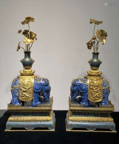 Pair of Lapis Lazuli Elephant W/ Cloisonne Planter Vase