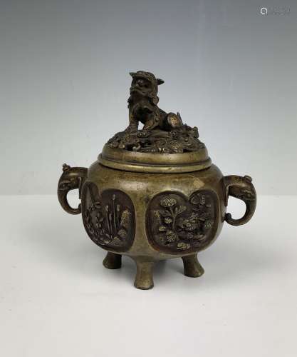 Bronze Tripod Guardian Lion Censer with Mark