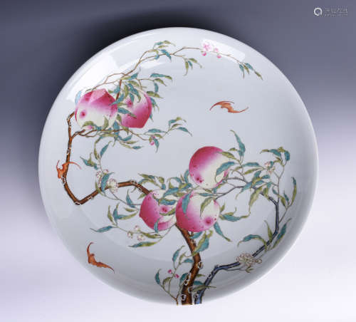 Famille Rose Peach and Bats Porcelain Bowl with Mark
