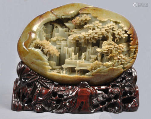 Large Finely Carved HeTian Jade Boulder with Mark