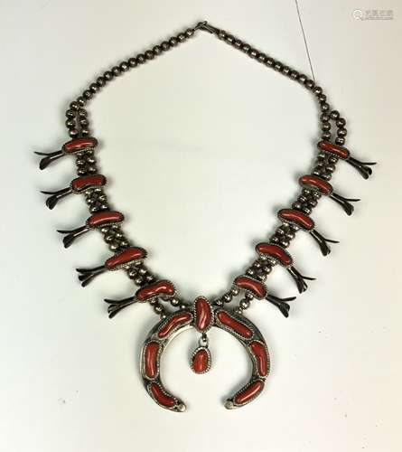 Silver and Red Coral Indian Necklace