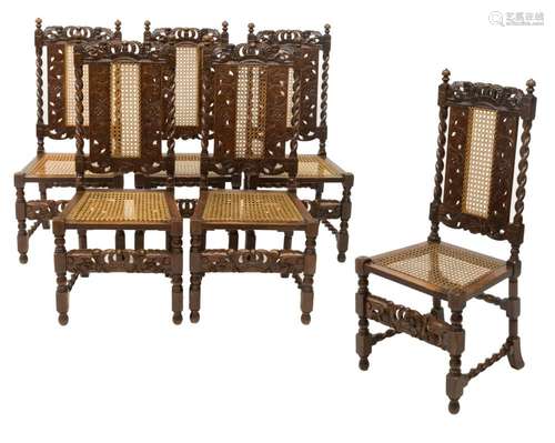 (6) ENGLISH OAK SPIRALED PUTTI CARVED SIDE CHAIRS