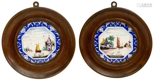 (PAIR) FRAMED DELFT POLYCHROME TIN GLAZED TILES