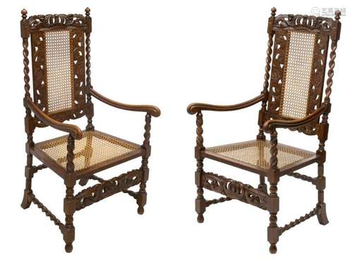 (2) ENGLISH BARLEY TWIST FIGURAL CARVED OAK CHAIRS