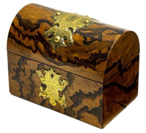 ENGLISH FIGURED WALNUT & GILT BRASS FITTED BOX