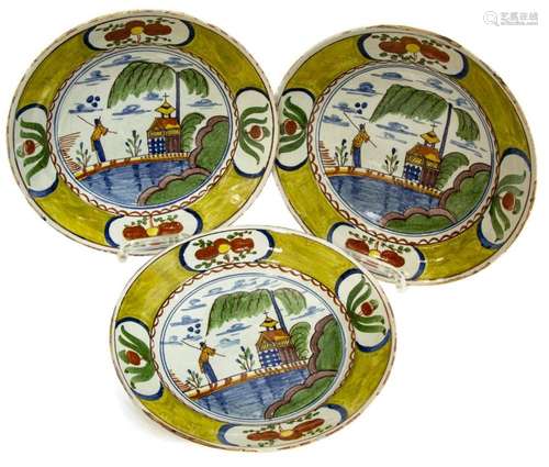 (3) DELFT POLYCHROME TIN GLAZED PLATES, 18TH C.