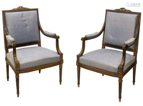 (PAIR) LOUIS XVI STYLE BEECH FAUTEUIL ARMCHAIRS