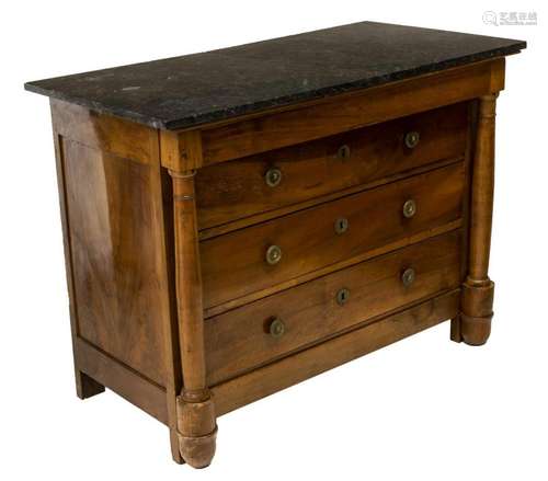 FRENCH EMPIRE STYLE MARBLE TOP WALNUT COMMODE