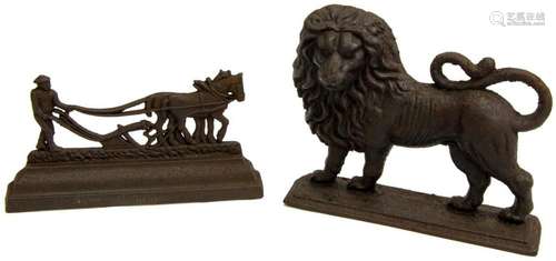 (2) ENGLISH CAST IRON DOORSTOPS, LION & PLOUGH