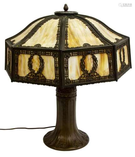 AMERICAN PATINATED BRONZE & SLAG GLASS TABLE LAMP