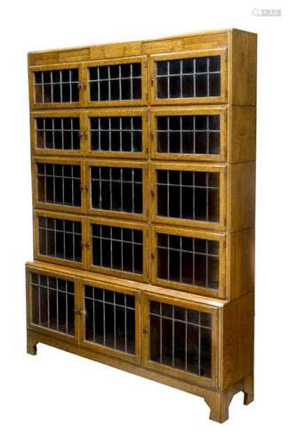 ENGLISH 5-STACK OAK LEADED GLASS LAWYERS BOOKCASE