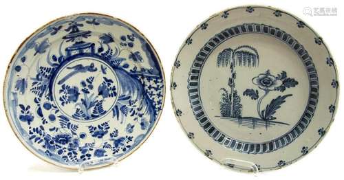 (2) DELFT CHINOISERIE BLUE & WHITE CHARGERS 18TH C