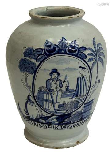 DELFT BLUE & WHITE POTTERY TOBACCO JAR, 19TH C.