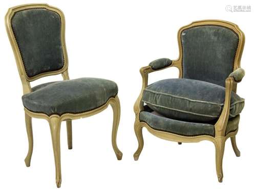 (2) FRENCH LOUIS XV STYLE FAUTEUIL & SIDE CHAIR