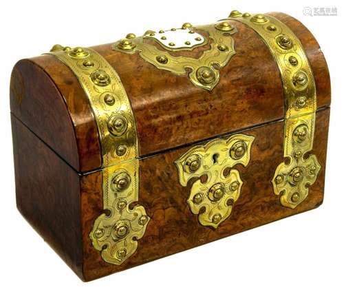 ENGLISH BRASS MOUNTED BURLWOOD TEA CADDY, 19THC.