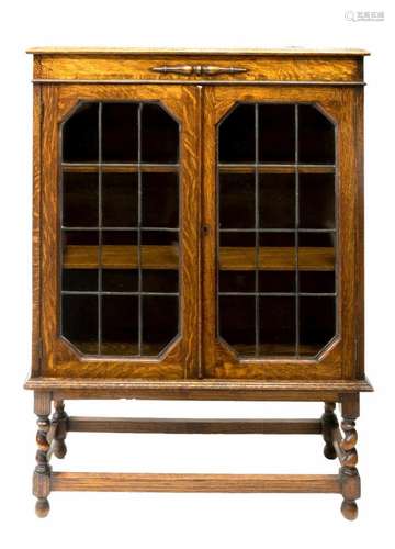 ENGLISH OAK BARLEY TWIST LEADED GLASS BOOKCASE