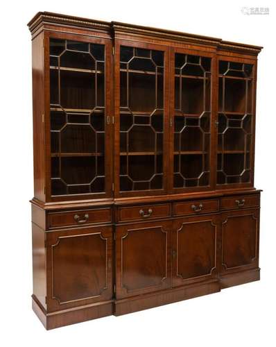 ENGLISH MAHOGANY GLAZED BREAKFRONT BOOKCASE