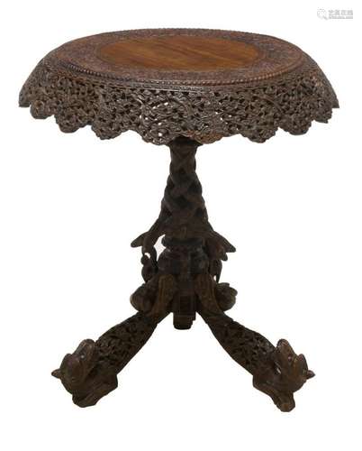 BURMESE FINELY CARVED MAHOGANY TILT TOP TABLE