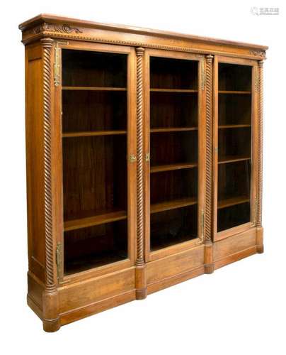 AMERICAN WALNUT TRIPLE DOOR BOOKCASE, 19TH C.