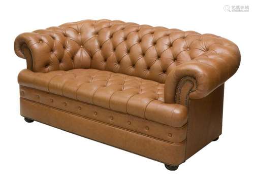 ENGLISH CHESTERFIELD TUFTED BROWN LEATHER SOFA