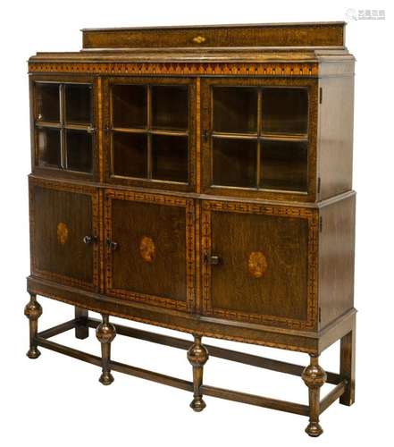 ENGLISH OAK MARQUETRY DISPLAY CABINET SERVER